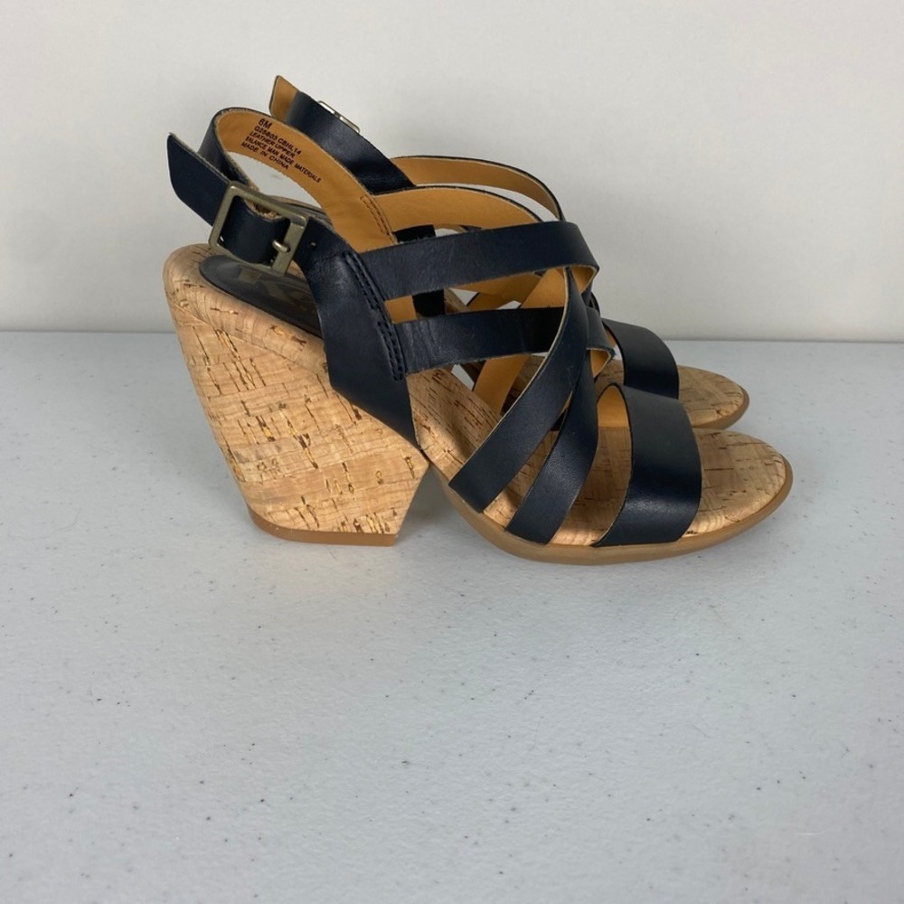 Korks Kork-Ease Nedra Cork‎ Wedges Women 6M Black Leather Heels Sandals Strappy